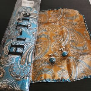 Hi-Tie Mens Paisley Tie Set with Matching Cufflinks & Handkerchief 100% Silk